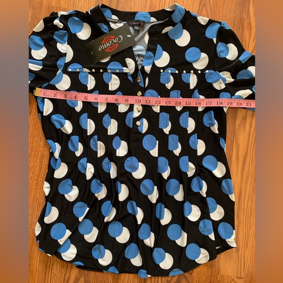COCOMO Large Black blue white 3/4 sleeve studded women's Pintuck Blouse shirt - Picture 15 of 16
